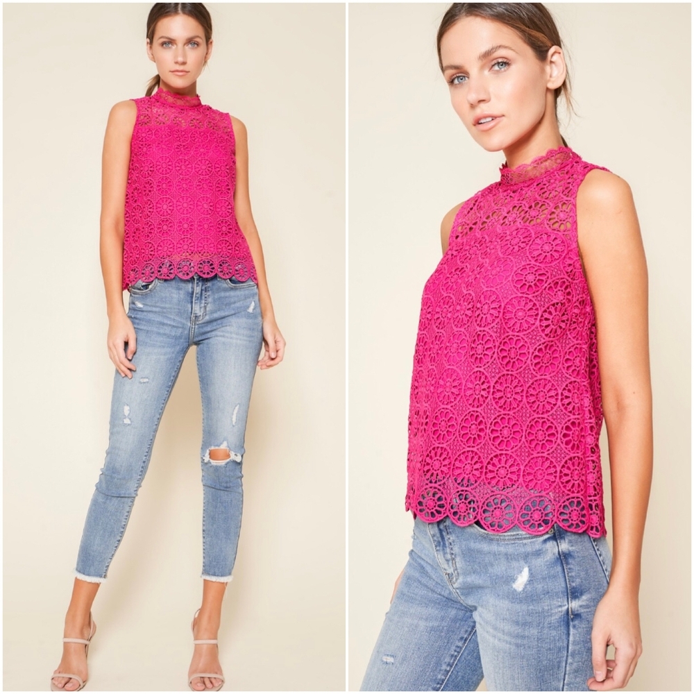 SUGAR + LIPS Boho Chic Hot Pink Crochet Sleeveless Top - Picture 4 of 7